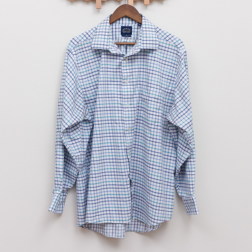 Eagle Shirtmakers Mens XL Regular Fit Non Iron Check Button Down Shirt Blue